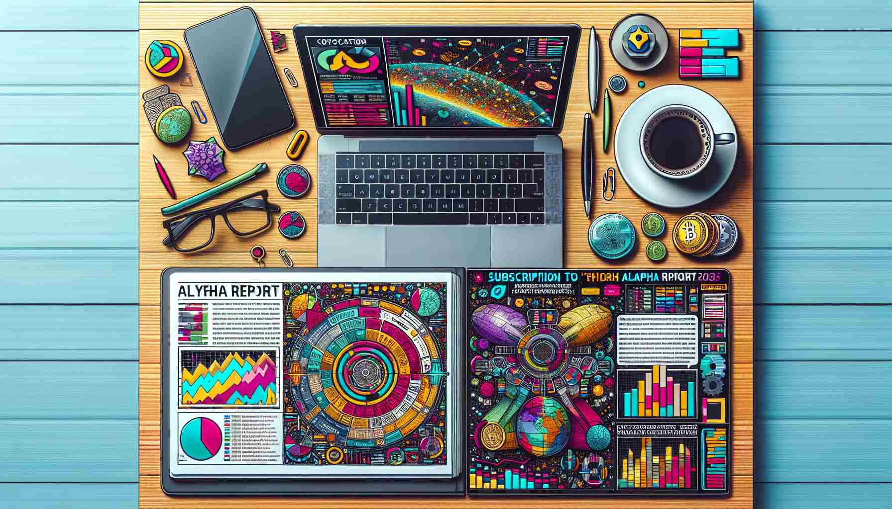 Generate an HD photograph of a desktop scenario where the user is engaging in two tasks. The first is studying a brightly colored, complex infographic about the crypto airspace, full of various charts and graphs to represent digital currencies. The second task is subscribing to 'Alpha Reports' on an adjacent laptop screen showing the subscription process highlighted. Please include elements like a coffee cup, eyeglasses, and a notepad with a pen, hinting at thorough research and analysis.