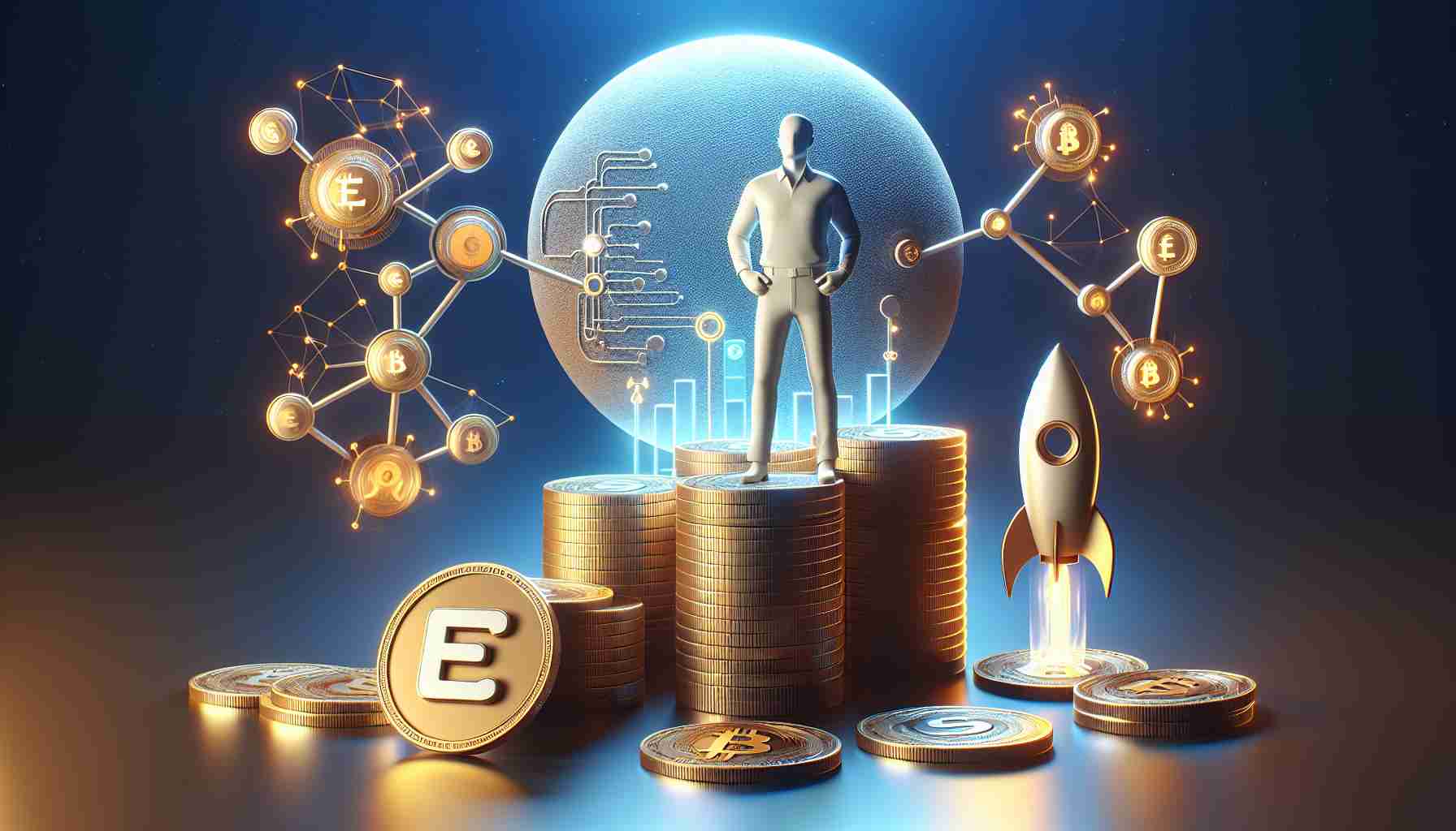 A realistic, high-definition image representing the concept of ENSO raising capital for a cryptocurrency connectivity platform and an upcoming blockchain launch. The picture might include symbolistic elements like a figurative 'ENSO' standing tall, a pile of coins or tokens signifying capital, connections or networks denoting the connectivity platform, and a rocket or similar icon indicating the upcoming blockchain launch. Use modern and sleek design aesthetic to align with the technology theme.