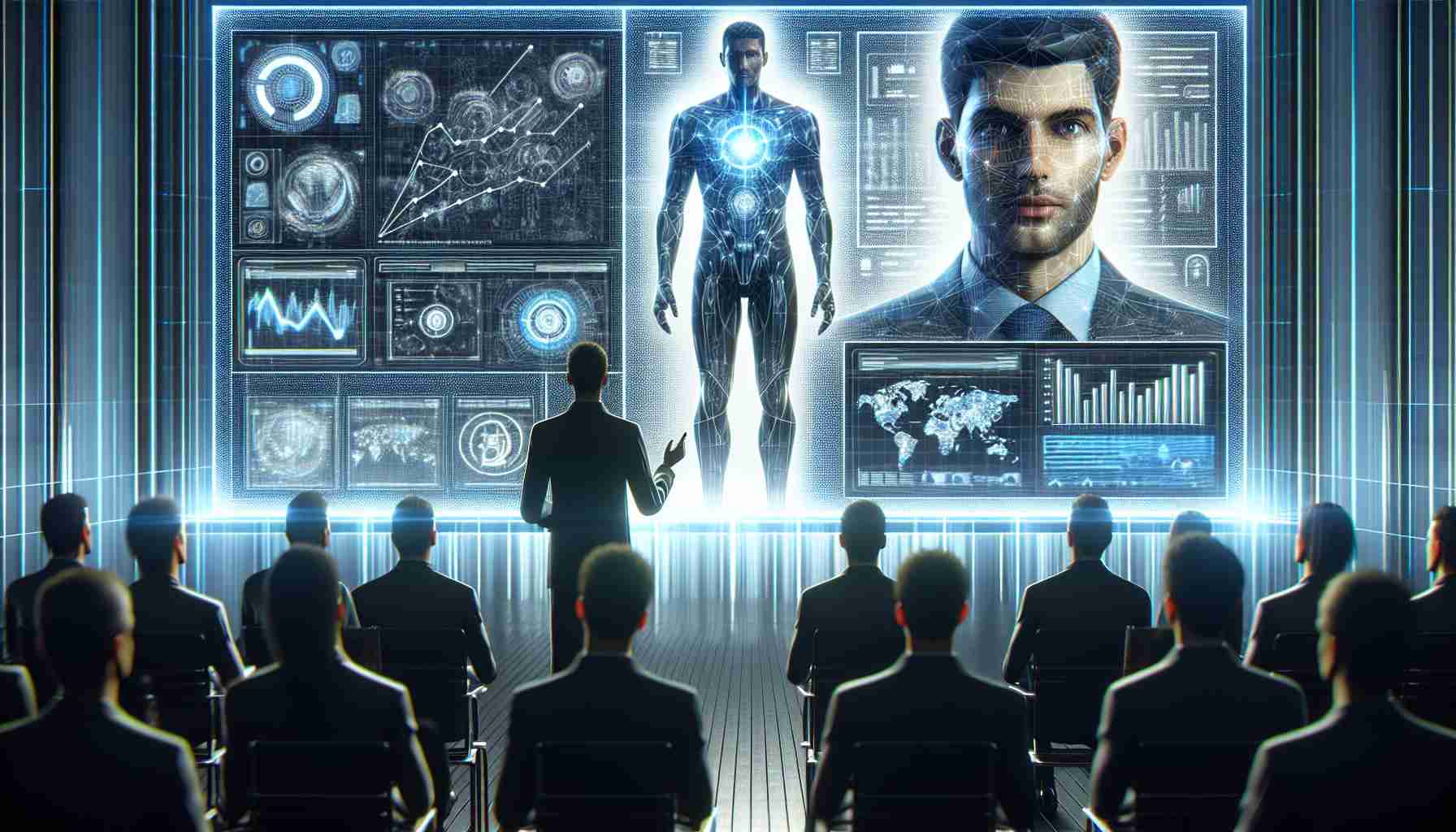 Generate a High Definition image that portrays the concept of misleading information online. The image could show a figure who looks like a futuristic tech CEO giving a presentation on a large screen filled with complex graphs and data. This figure should bear a slight resemblance but not be identical, with dark hair and an engagement with the audience. Alongside him, there could be another large screen showing a massive number of online viewers, symbolizing thousands of people being misled. Remember, don't use real identity or likeness of any public figures, including tech company CEOs.