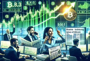 Create a realistic and high-definition image showing the signs of a potential rebound in the value of Bitcoin. The focus should be on a variety of indicators, such as rising charts on computer screens, positive news headlines on unbranded newspapers, and excited traders in an office setting. The graphical charts should be in the green, indicating uptrend. The traders can be a mix of genders and descents - a Caucasian female analyst studying a monitor, a Hispanic male broker making a phone call, and a South Asian male observer pointing at the screen.