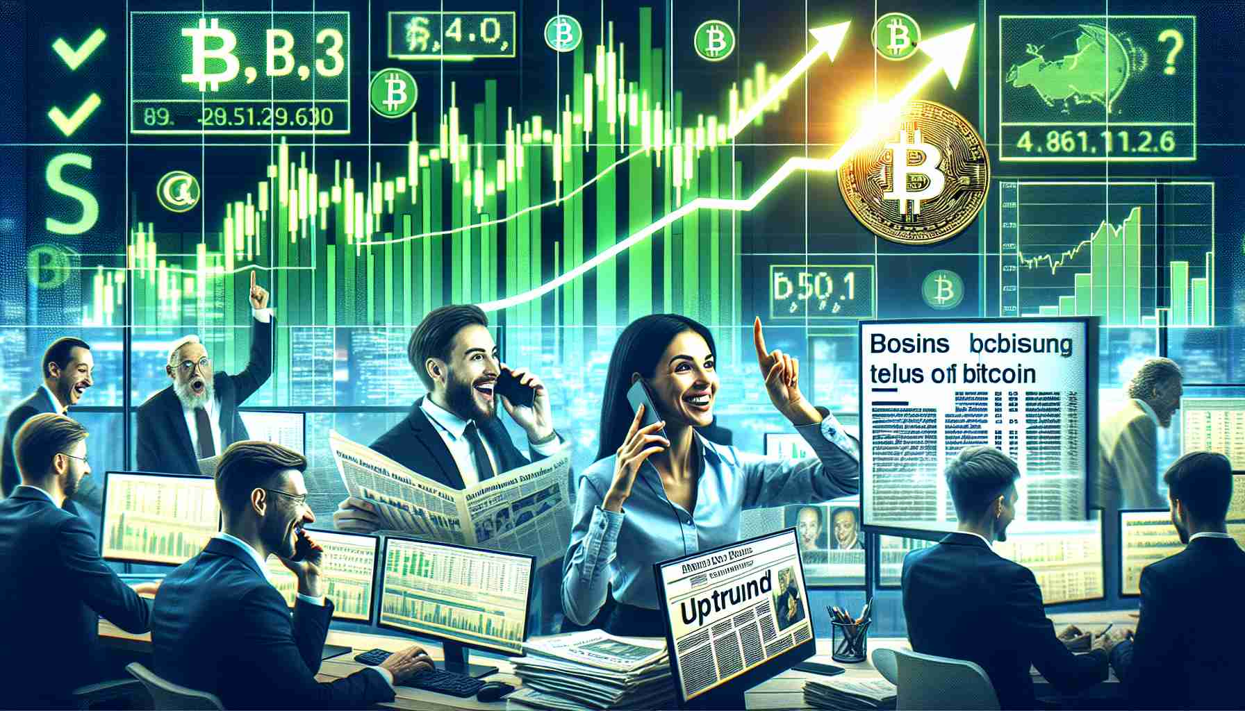 Create a realistic and high-definition image showing the signs of a potential rebound in the value of Bitcoin. The focus should be on a variety of indicators, such as rising charts on computer screens, positive news headlines on unbranded newspapers, and excited traders in an office setting. The graphical charts should be in the green, indicating uptrend. The traders can be a mix of genders and descents - a Caucasian female analyst studying a monitor, a Hispanic male broker making a phone call, and a South Asian male observer pointing at the screen.