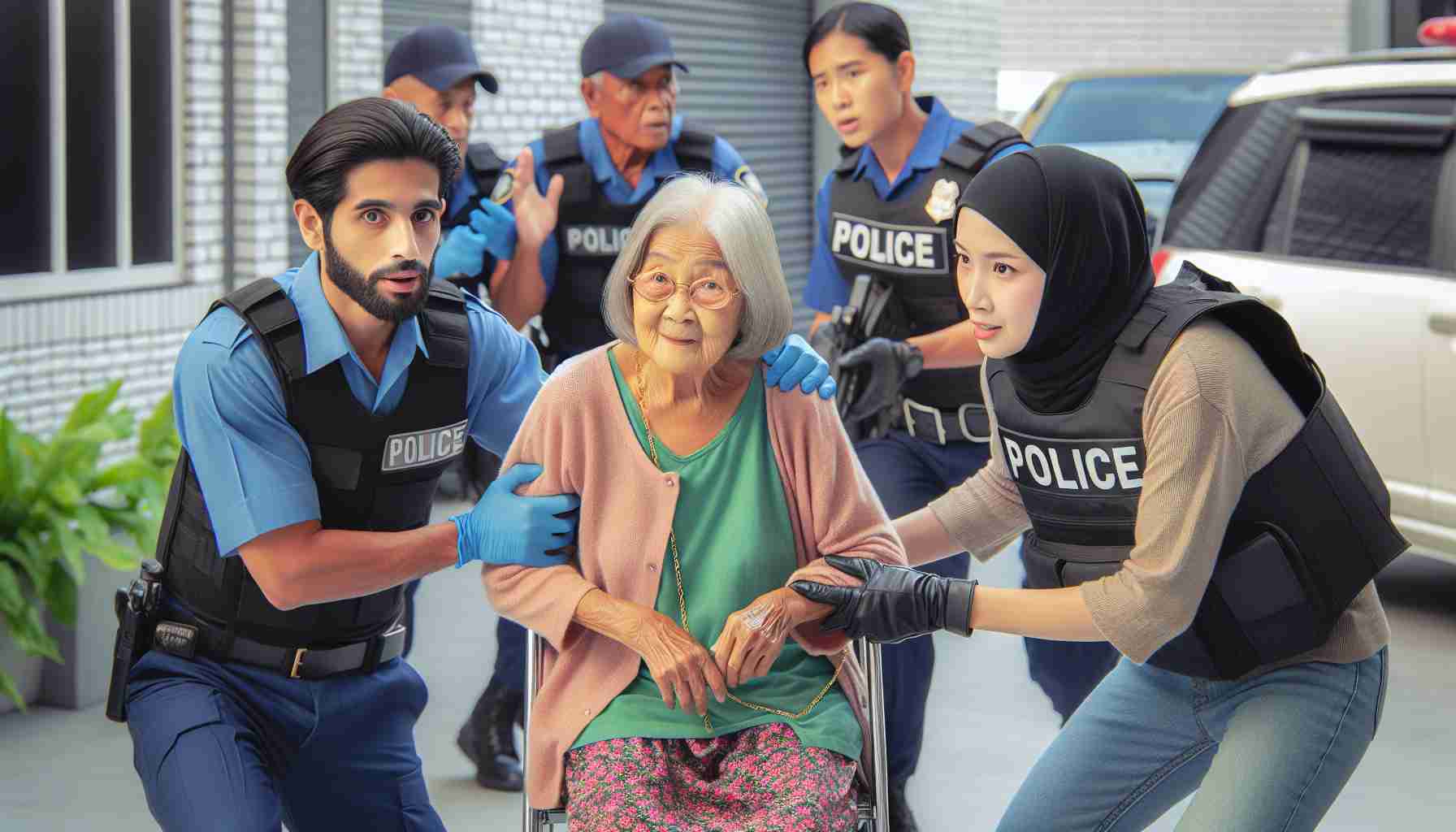 Create a high-definition realistic photo showcasing an incident of a scam being thwarted. The focal point of the image should be an elderly Asian woman, who was saved from being scammed, and a young Middle Eastern good Samaritan who noticed and took action to prevent it. Add to the scene an active police response, showcasing officers of various genders and descents responding promptly to the situation.