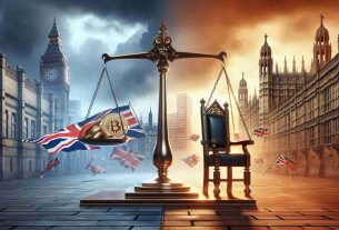 High-definition realistic photo of a metaphorical representation of the upcoming change in cryptocurrency regulation in the United Kingdom. In this conceptual image, depict a symbolic scale tilting towards a new direction suggesting reforms, compared to its previous position. On the other side, visualize the possibility of a nonspecific political leadership transition with an empty chair waiting to be filled, all set against a backdrop that denotes a blend of old and new architecture, representing historical and modern aspects of the political landscape.