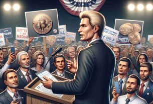 A realistic HD illustration of a politician seeking support from cryptocurrency enthusiasts for an upcoming election in 2024. The politician is a male, older, with a distinctive hairstyle: blond hair swept back from the forehead. He is shown in a setting typical of political rallies, speaking persuasively to the crowd. Several attendees are holding digital devices, symbolising their interest in cryptocurrencies. Elements such as campaign signs and banners are dispersed throughout the crowd, reflecting the year 2024.