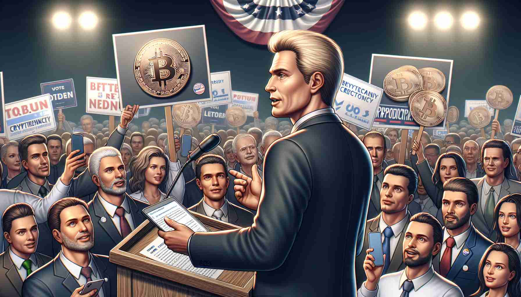 A realistic HD illustration of a politician seeking support from cryptocurrency enthusiasts for an upcoming election in 2024. The politician is a male, older, with a distinctive hairstyle: blond hair swept back from the forehead. He is shown in a setting typical of political rallies, speaking persuasively to the crowd. Several attendees are holding digital devices, symbolising their interest in cryptocurrencies. Elements such as campaign signs and banners are dispersed throughout the crowd, reflecting the year 2024.