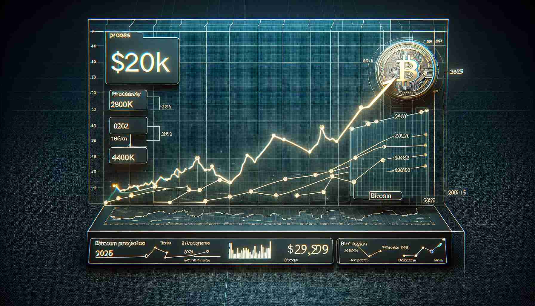 A realistic high-definition image showing a progress chart on a digital screen. The chart depicts the predicted rise of Bitcoin's price trajectory to $200K by the year 2025. This projection remains steadfast in spite of the current network activity slowdown. Elements include a timeline, plotted line graph, Bitcoin logo, and notations for milestones reached or predicted.