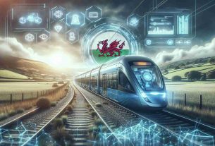 Generate a high-quality, realistic image depicting a futuristic concept of public transport revolutionized by blockchain technology. The scene should ideally include a state-of-the-art train or bus, a digital interface showing blockchain processes, and representation of Wales like a dragon or a flag. The landscape should be modern and sleek, symbolizing technological advancement. This conceptual image is inspired by the idea of improving public transport through innovative solutions.