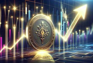 Create a high-definition, realistic image of a stylized, rising stock chart with glowing arrows and indicators, pointing upwards, signifying market strength. The chart is associated with a token, symbolized by a golden coin embossed with the emblem of a futuristic, non-specific DAO (Decentralized Autonomous Organization).