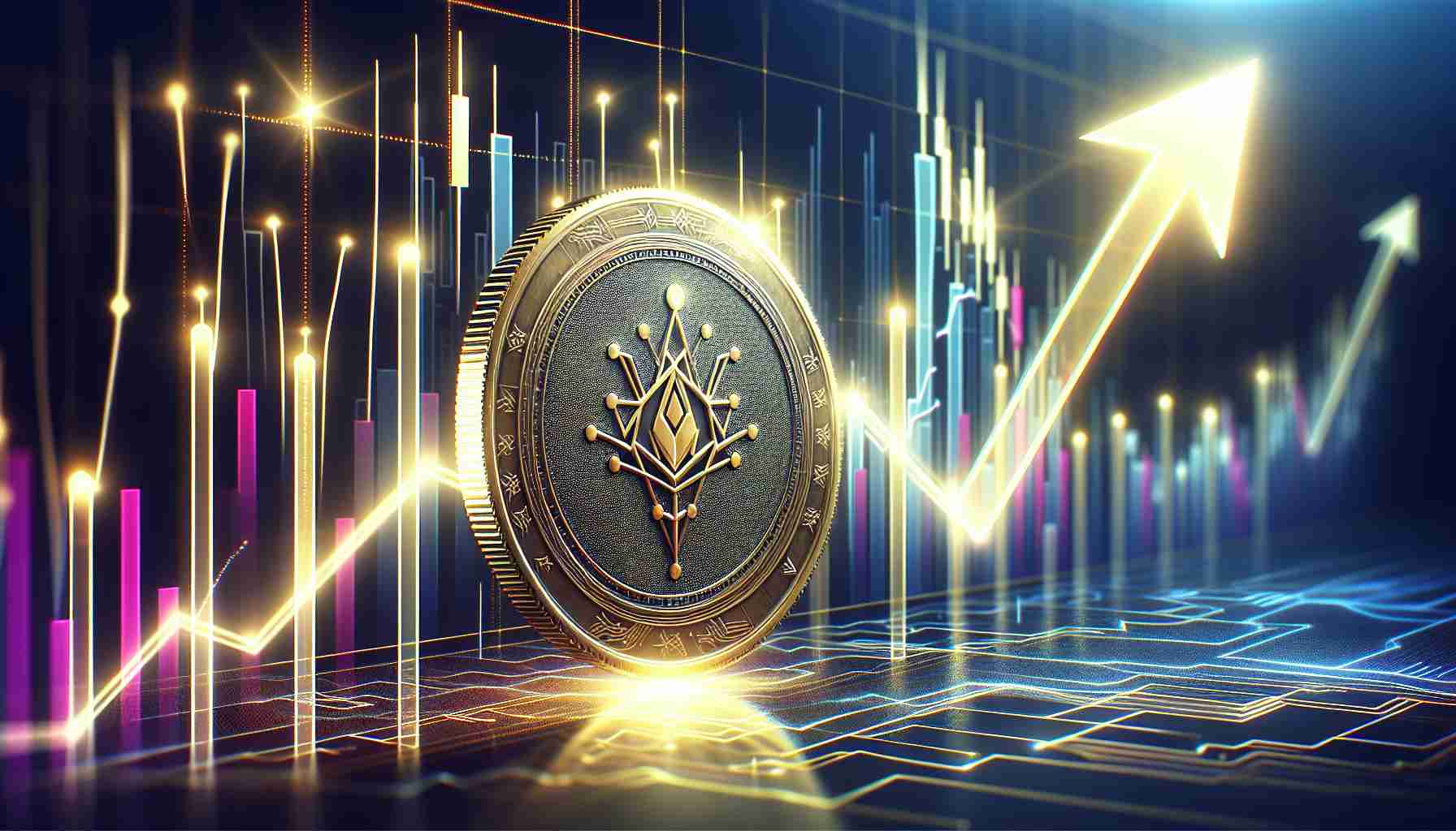 Create a high-definition, realistic image of a stylized, rising stock chart with glowing arrows and indicators, pointing upwards, signifying market strength. The chart is associated with a token, symbolized by a golden coin embossed with the emblem of a futuristic, non-specific DAO (Decentralized Autonomous Organization).