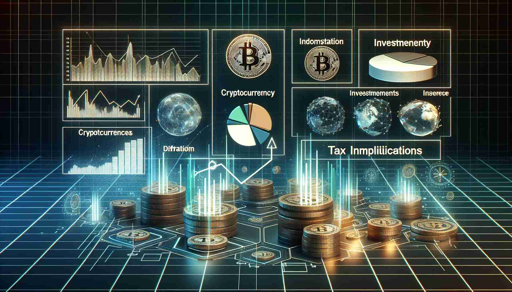 A high-definition, realistic image displaying the concept of understanding the cost of cryptocurrency investments and tax implications. The image could include graphics like line graphs showing cryptocurrency value trends over time, pie charts illustrating distribution of investments in different cryptocurrencies, and text blocks highlighting key points about taxation rules. The scene is set against a digital futuristic backdrop to symbolize the technology-driven nature of cryptocurrency.