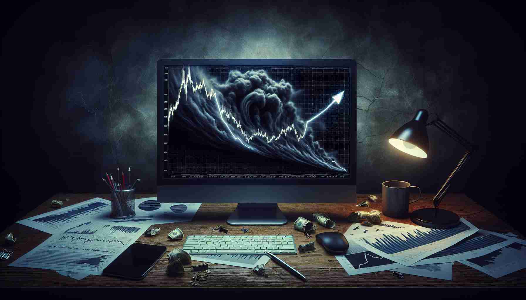 A realistic high-definition image showcasing the steep decline of Bitcoin value depicted as a worrisome financial episode. In the image, a line graph is seen on a monitor screen with the line sharply falling towards the right. The background of the screen is an ominous dark swirling cloud symbolizing fear and uncertainty. The space surrounding the monitor is filled with discarded graphs and chart print-outs, a spilled cup of coffee, and anxious hands hovering over a keyboard.