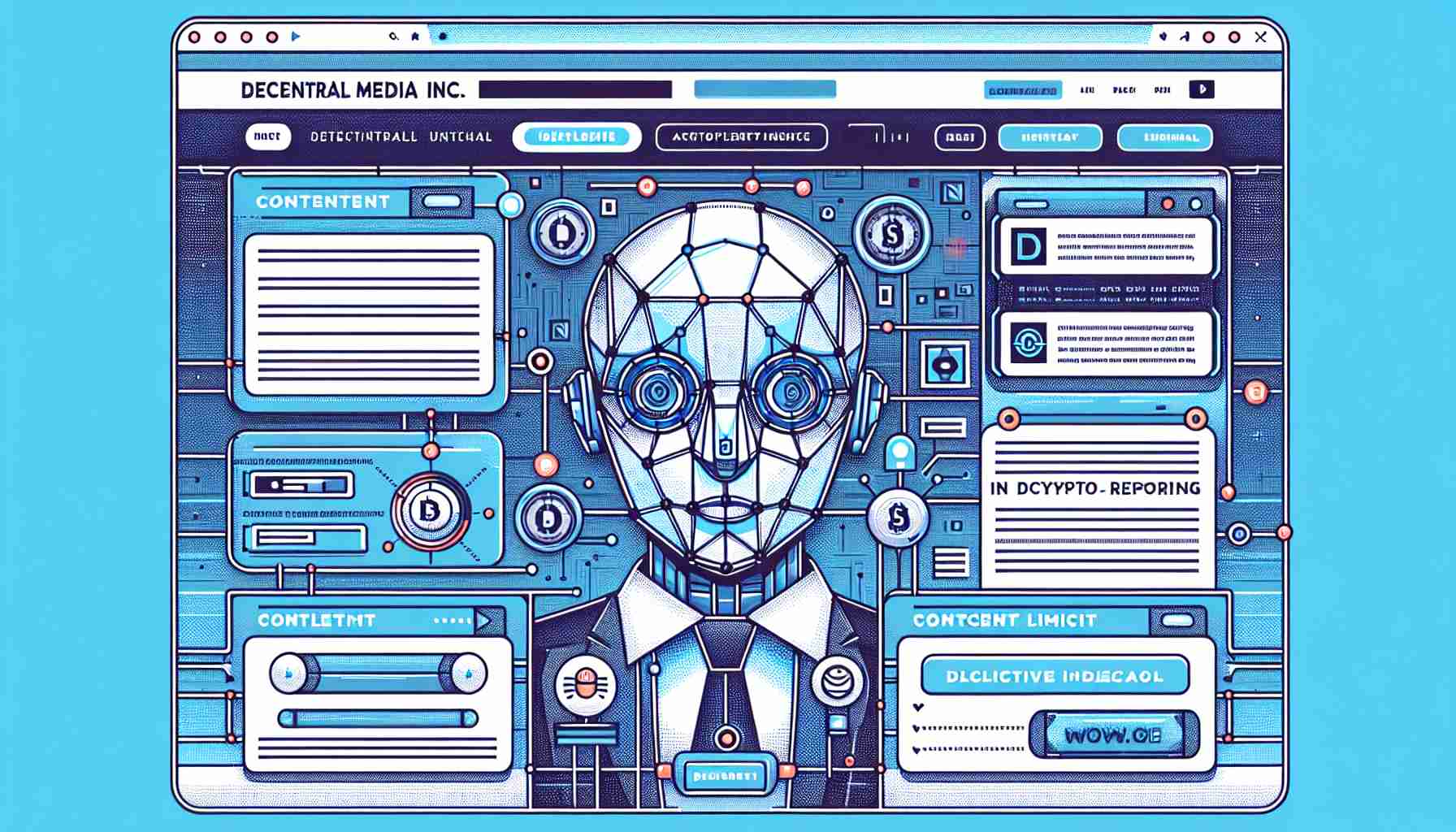 Detailed illustration of a website titled Decentral Media Inc, that is demonstrating the use of artificial intelligence in cryptocurrency news reporting. The web layout features sections indicating content limitations. Visual elements include navigation bars, clickable buttons, and interactive forms. It has a businesslike and professional aesthetic, with a balanced blend of text and graphical elements. Elements of cutting-edge technology can be seen in various corners of the website, symbolizing the blend of AI and crypto reporting. The color palette comprises cool, objective hues representing the tech and financial sectors.