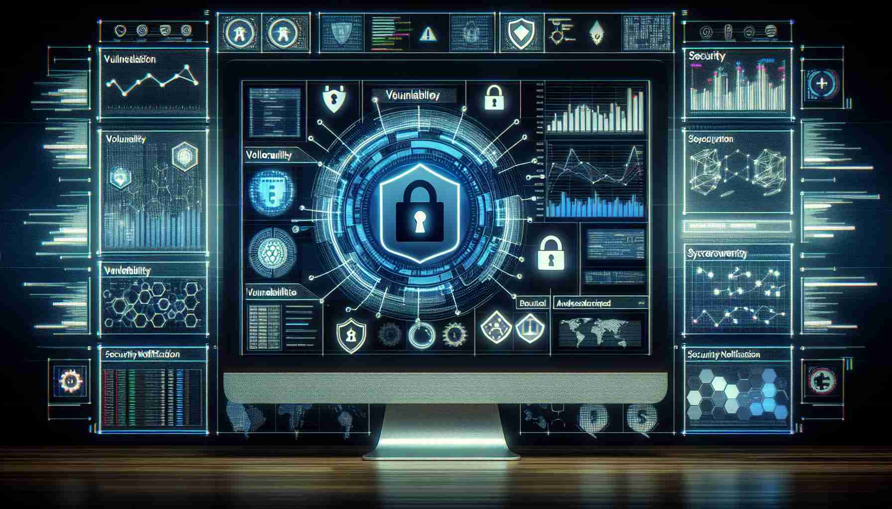 Generate a vivid, high-resolution image of a computer screen displaying a security notification. The screen should highlight that a vulnerability has been detected and addressed by a generic, unspecified cryptocurrency trading platform. The platform's user interface should have many complex charts, graphs, and other data analytics typical of a serious financial trading website, colored in a palette of dark blues and grays. Cybersecurity symbols like shields and padlocks can be intermixed with the data on the screen. The overall appearance should project a sense of high-grade security.