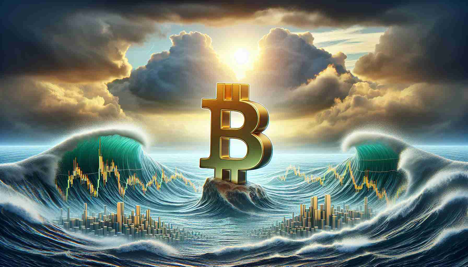 An ultra high-definition, realistic image representing the concept of Bitcoin's resilience amidst market pullbacks. This includes elements such as a strong and unwavering Bitcoin symbol standing firm in the middle of a turbulent financial sea, with waves shaped like downtrend graphs. The waves crash against it but it remains undeterred, symbolizing potential for a continued bull run. The sky above could be partly cloudy, with one part signifying downturns yet the other part promising a clear sky, depicting the transitioning markets.