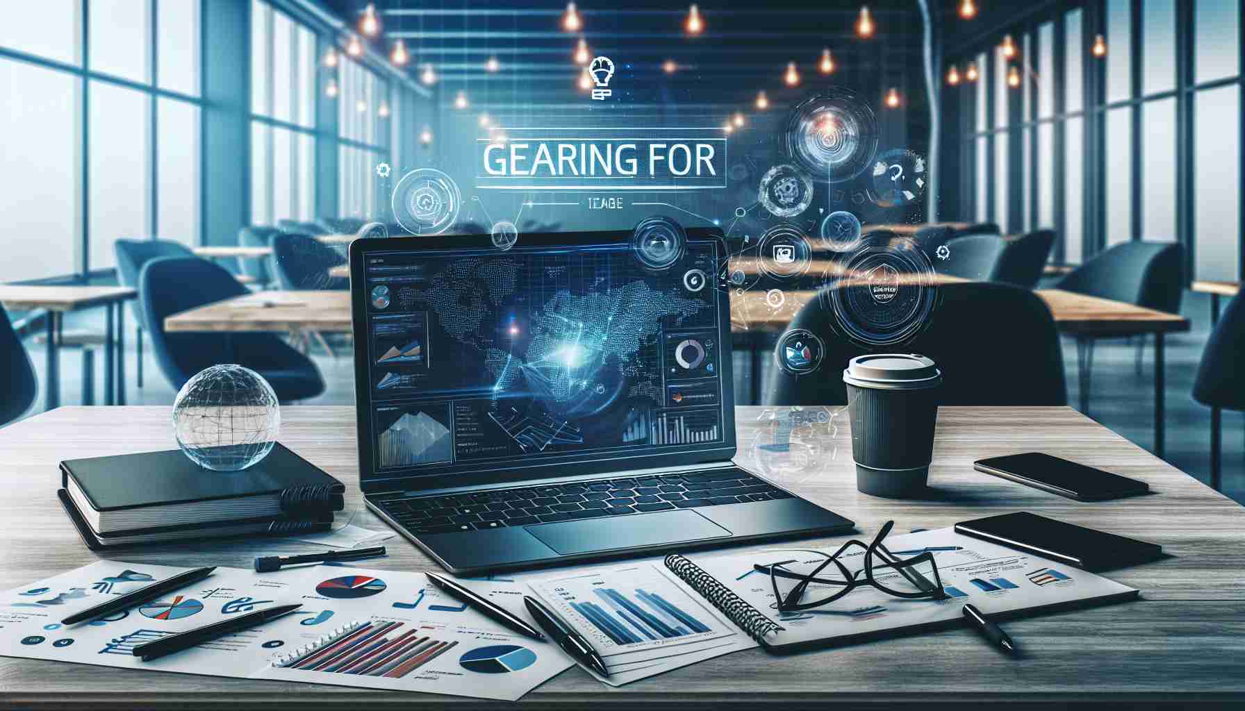 A high-definition, realistic image that captures the spirit of gearing up for the entrepreneurial future with a learning platform, named 'uShark'. The image includes elements like a laptop displaying the uShark logo, business charts and statistics on the screen, a cup of coffee nearby, brainstorming sheets with ideas, a pen, and a pair of glasses. The environment depicts a modern workspace, possibly a coworking area. The atmosphere suggests focus, drive, and readiness for future challenges and opportunities.