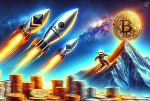 Create a realistic HD image representing the concept of cryptocurrency coins such as Ethereum and Memecoins surging in value, while Bitcoin remains steady. The picture should encapsulate the dynamic nature of the cryptocurrency market. Perhaps portray Ethereum and Memecoins as rockets taking off, symbolizing their rapid increase, and Bitcoin as a steadfast mountain to represent its stability.