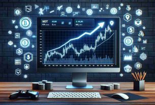 Create a realistic, high-definition image showcasing a fictitious 'Notcoin' skyrocketing in value in the virtual gaming token marketplace. The scene should represent a computer display with a live chart showing significant upward trends, with symbolic images of video gaming elements like controllers, characters, or bonus items scattered around the chart to represent the gaming market context. Information about market trends and numbers should also be present to emphasize the surge of Notcoin's value.