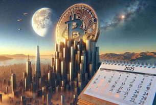 A hyper-realistic image of a Bitcoin symbol towering towards the sky, akin to a skyscraper. The surrounding cityscape fades into the distance with numerals '500,000' glowing in the sky. Placed in the scene is a calendar with the year '2025' prominently displayed.