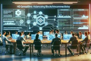 Create a realistic HD image of a generic non-profit organization advancing blockchain interconnectivity via the implementation of an IBC Protocol. The scene includes a group of diverse individuals engrossed in discussions with computer screens displaying complex blockchain data. Include the logos of the generic organization and the IBC Protocol prominently in the background. The overall atmosphere should suggest efficiency, cooperation, and technological innovation.