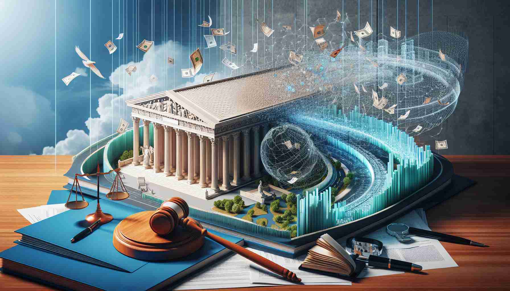 A realistic high-definition image representing a vital change in the United States' Supreme Court decisions that has led to a transformation in the regulatory landscape. The depiction should convey the complexity of the legal ecosystem, with symbolic representations such as the Supreme Court building, gavel, legal documents, and a dynamic landscape undergoing a transformation.