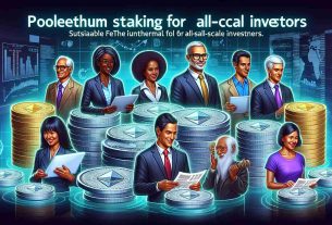 A realistic high definition image symbolizing pooled Ethereum staking suitable for all-scale investors, presented by a fictional digital currency exchange. The image consists of digital coins with the Ethereum logo, vividly demonstrating the concept of pooling. Include different types of individuals illustrating a diverse range of investors: a Black woman with glasses and a business suit, a young Middle Eastern man working on a laptop, a casually dressed South Asian woman holding a tablet, and an elderly Caucasian man reading financial news on a paper. The background is filled with technology and finance related symbols.