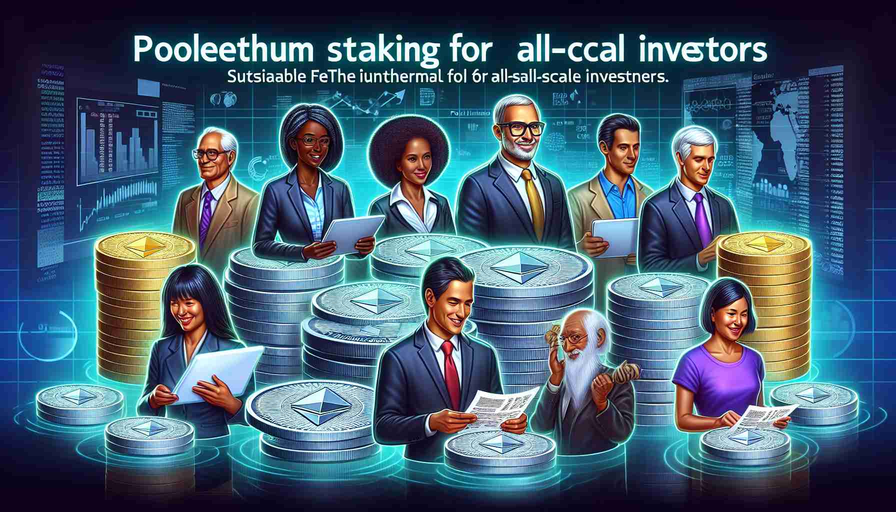 A realistic high definition image symbolizing pooled Ethereum staking suitable for all-scale investors, presented by a fictional digital currency exchange. The image consists of digital coins with the Ethereum logo, vividly demonstrating the concept of pooling. Include different types of individuals illustrating a diverse range of investors: a Black woman with glasses and a business suit, a young Middle Eastern man working on a laptop, a casually dressed South Asian woman holding a tablet, and an elderly Caucasian man reading financial news on a paper. The background is filled with technology and finance related symbols.