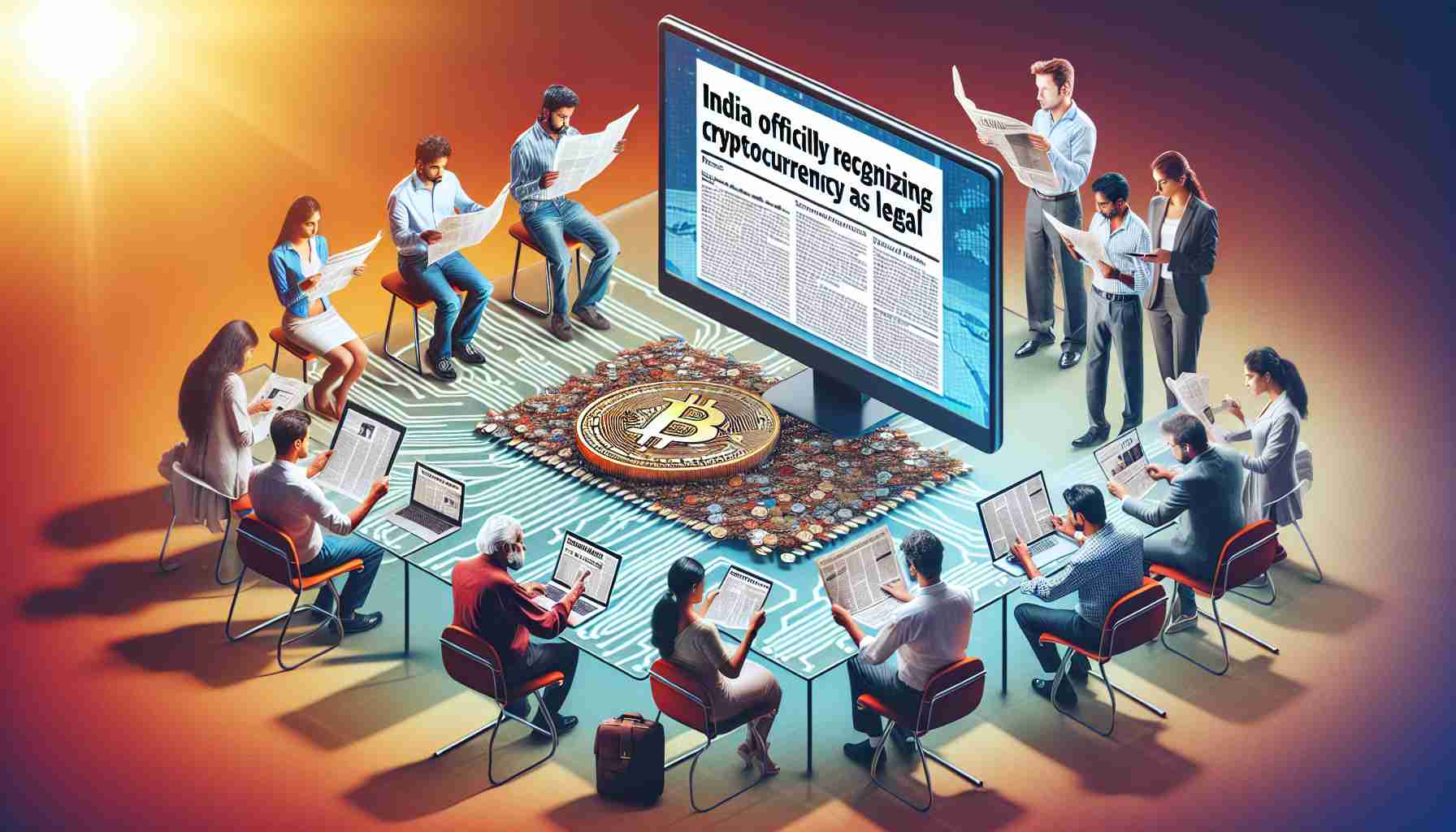 HD photo depicting a symbolic representation of India officially recognizing cryptocurrency transactions as legal. Show a computer screen with a news article headline announcing the legalization. Include a diverse group of Indian citizens, men and women of various ages, reading the news on various devices like laptops, smartphones, and newspapers. Also, depict an abstract concept of cryptocurrency - perhaps Bitcoin - becoming tangible in their hands, reflecting the shift from intangible virtual currency to a recognized financial asset.