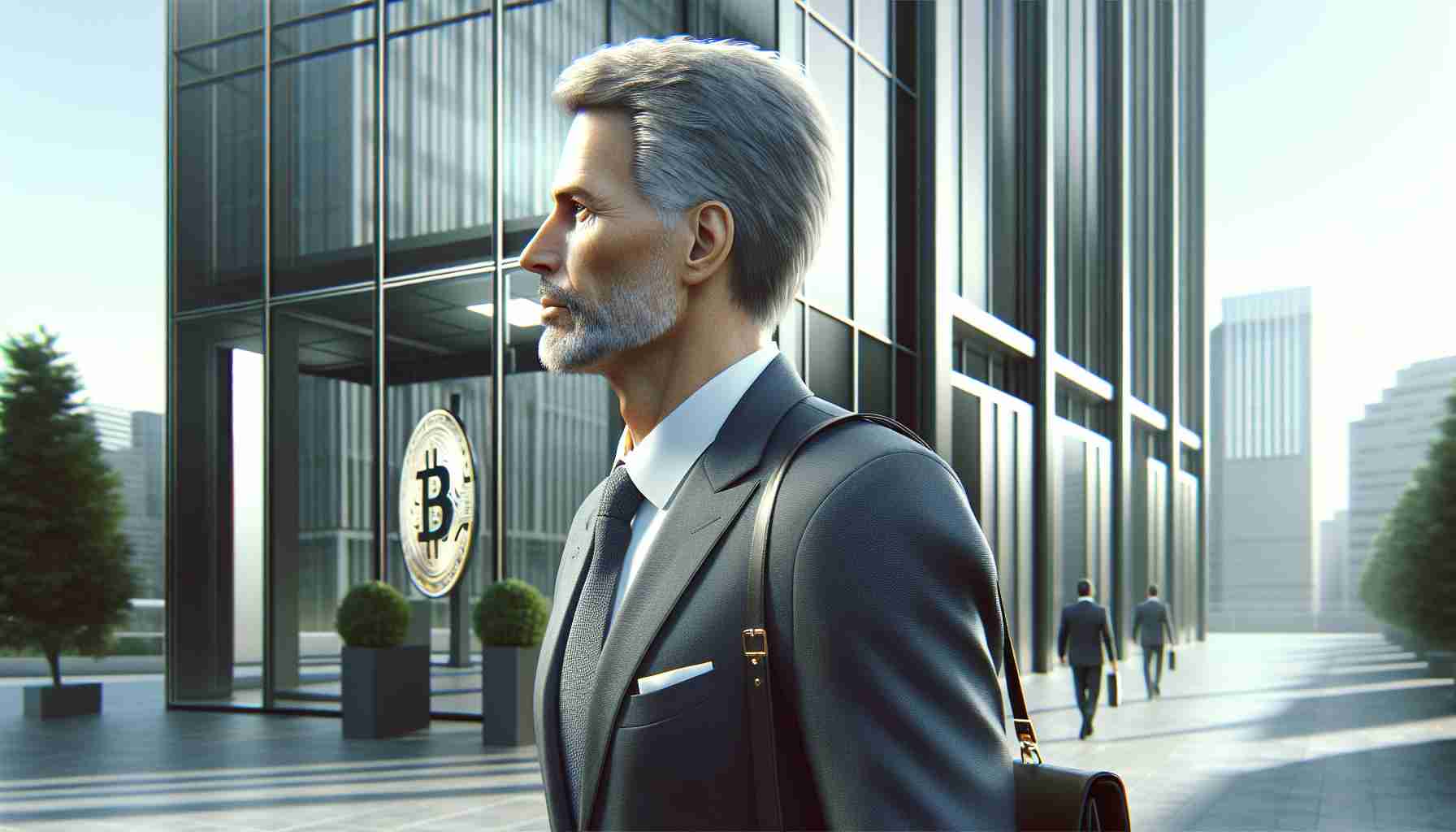 A realistic and high-definition image of a seasoned professional whose expertise lies in cryptocurrency regulation, walking away from a modern office building. This individual has served for many years in a notable capacity, enforcing strict rules and guidelines. The individual is middle-aged, South Asian descent, with grey hair, dressed in a professional business suit.