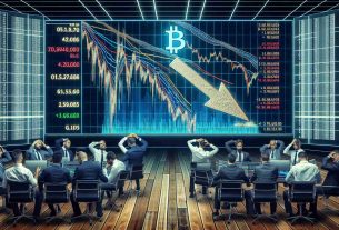 A highly detailed and realistic image of a large, imposing screen displaying the downturn in the cryptocurrency market. The screen shows the arrow for Bitcoin's value plunging downwards prominently. Numerous other lines representing different cryptos also follow a similar downward trend, presenting a bearish environment. The backdrop to this screen should be a busy trading floor, with a mixture of Caucasian, Middle-Eastern, South Asian, Hispanic, and Black traders, both men and women, visibly reacting to the downtrend. They are scratching heads, looking worried, discussing the scenario among themselves. Note: The economic indicators, like inflation rates or GDP, also portrayed on smaller monitors around the main screen.