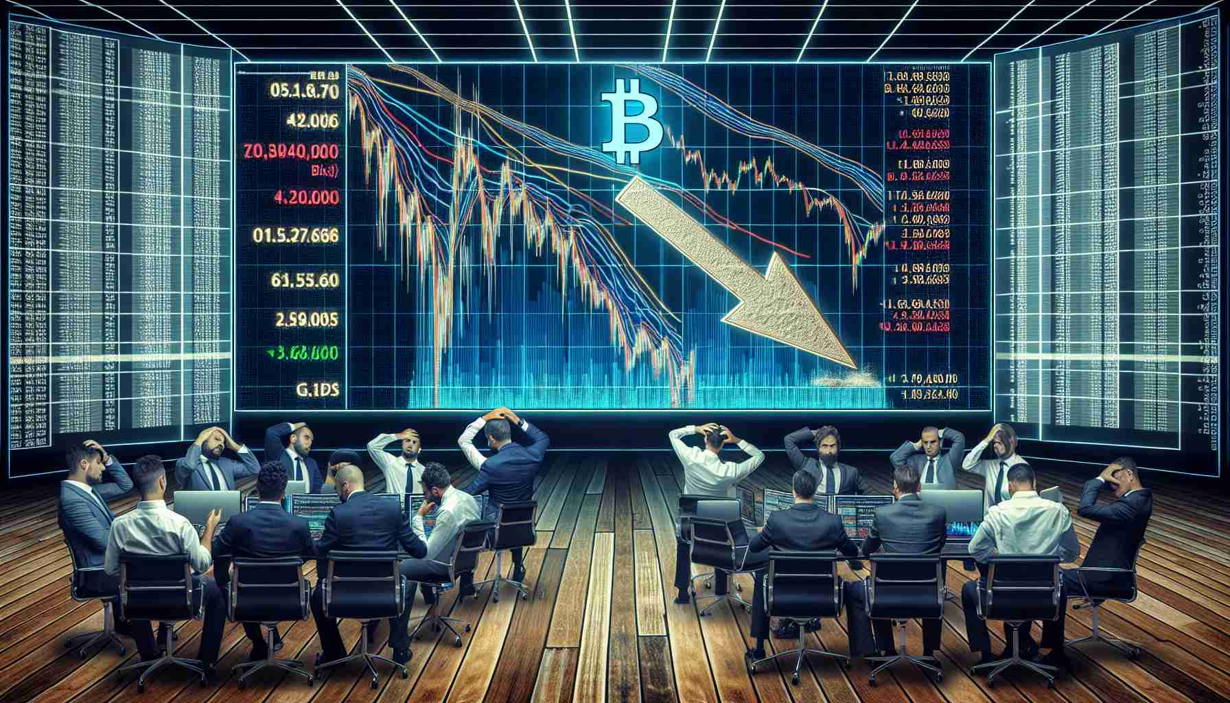 A highly detailed and realistic image of a large, imposing screen displaying the downturn in the cryptocurrency market. The screen shows the arrow for Bitcoin's value plunging downwards prominently. Numerous other lines representing different cryptos also follow a similar downward trend, presenting a bearish environment. The backdrop to this screen should be a busy trading floor, with a mixture of Caucasian, Middle-Eastern, South Asian, Hispanic, and Black traders, both men and women, visibly reacting to the downtrend. They are scratching heads, looking worried, discussing the scenario among themselves. Note: The economic indicators, like inflation rates or GDP, also portrayed on smaller monitors around the main screen.