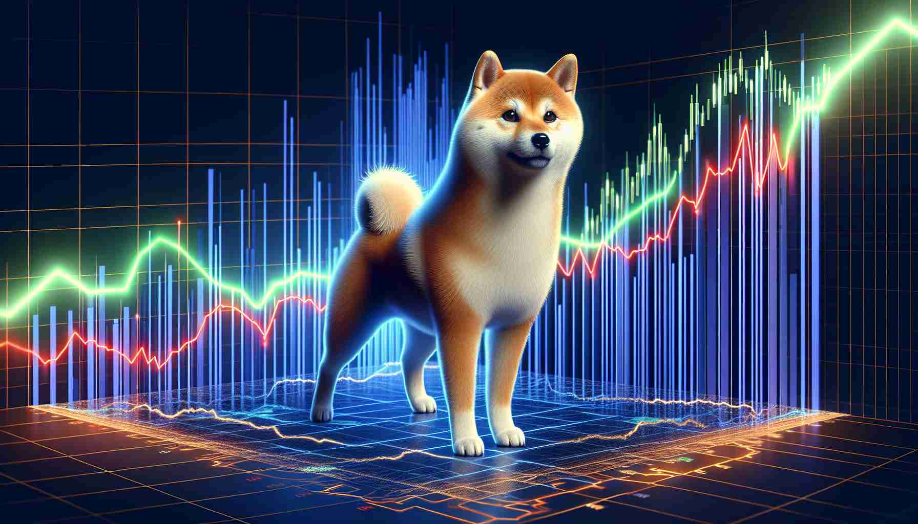 Realistic, high-definition image of a vibrant and resilient Shiba Inu dog standing on a graphical representation of a fluctuating market chart. The market graph is dynamic with ups and downs, reflecting volatility. The Shiba Inu dog appears confident and undeterred despite the market fluctuations, symbolizing the resilience of a certain cryptocurrency.