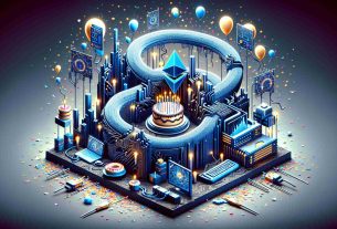 Generate a realistic, high-definition depiction of an abstract concept symbolizing the first anniversary of a Layer 2 Protocol for Ethereum, represented by the imaginary digital platform 'Base'. The image should feature elements associated with anniversaries and technology, such as digital landscapes, circuit boards, and ethernet cables intertwined with symbols of celebration like cake, balloons, and confetti.