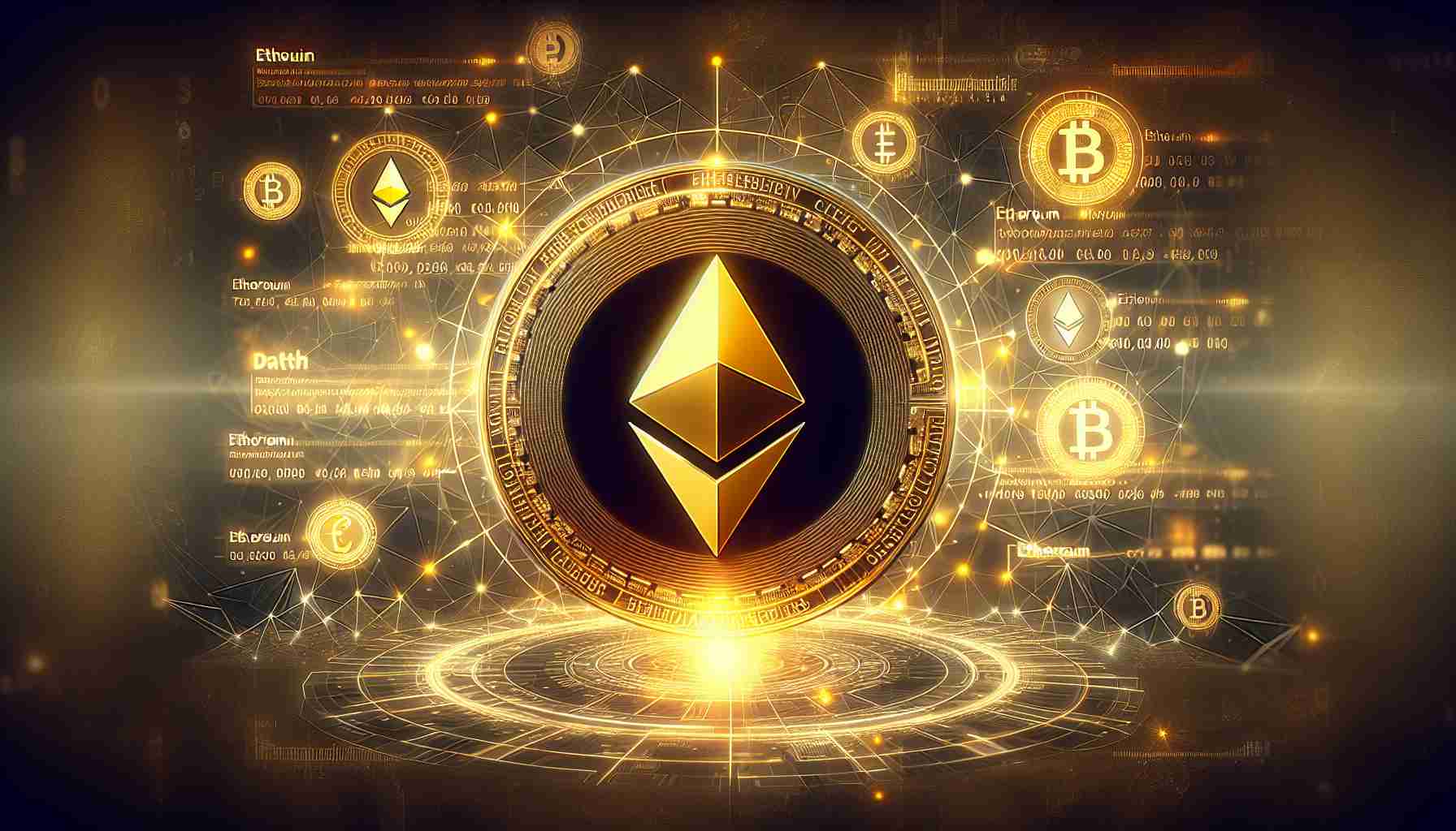 Generate a high definition, realistic image depicting the concept of Ethereum leading in protocol fee generation. Show a golden Ethereum logo in the foreground, surrounded by digital graphics representing data and fees. Behind it, faded, show the logos of other cryptocurrencies, indicating Ethereum's dominant position.