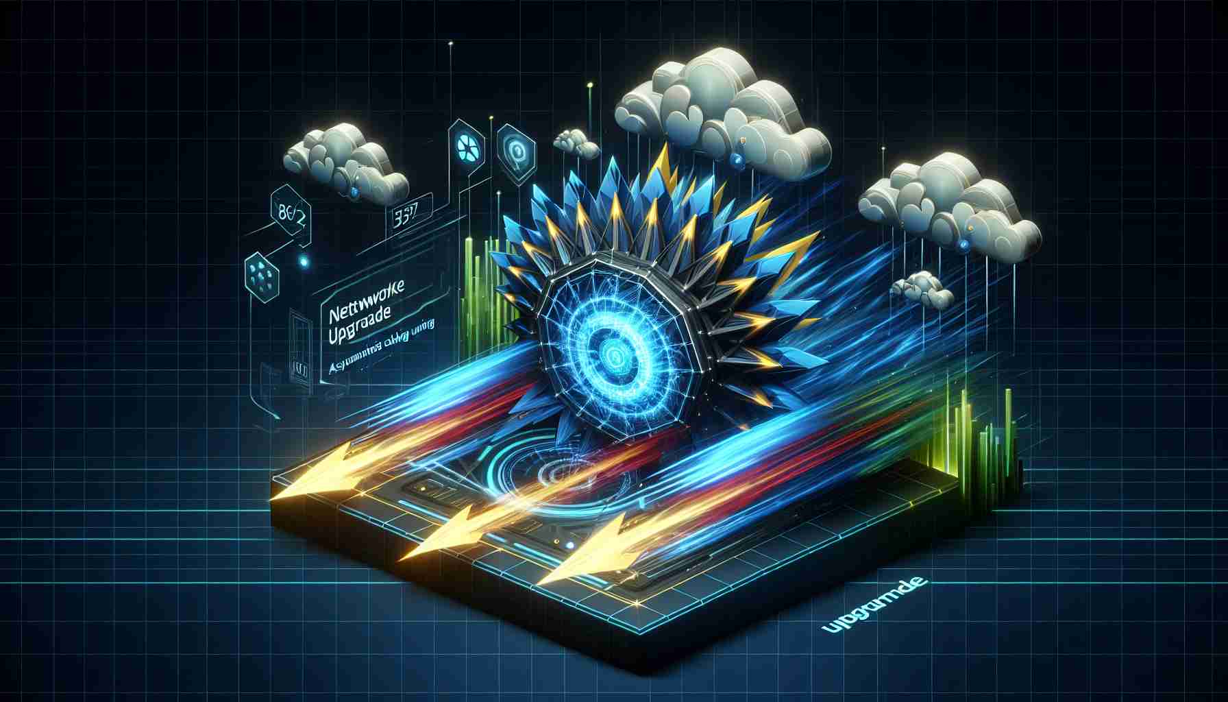 High-definition, realistic image of a conceptual representation showing a network upgrade boosting game performance. Visual elements can include rapid data streams, geometric symbol for a network, and a powerful futuristic machine representing asynchronous backing upgrade. The color palette could be dominated by shades of blue, with flashes of electric yellow or green to symbolize enhanced speed and efficiency.