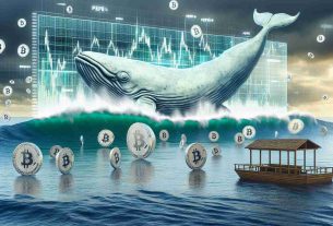 Visualize an image of a gigantic whale moving large, symbolic tokens labeled 'PEPE', causing enormous waves in a metaphorical ocean, indicating major shifts and movements within the cryptocurrency markets. The scene should be realistically rendered in high definition.