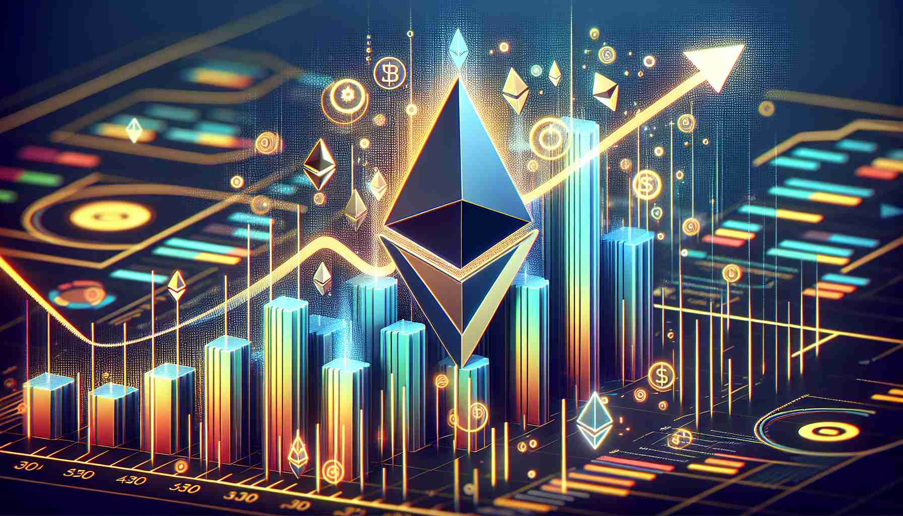 Generate a high-definition, realistic image of surging graphic bars, symbolizing the increasing interest in the Ethereum network. It should include symbols associated with Ethereum such as its logo, intermixed into the visualization of the trend lines or bar graphs. Please animate data points that reveal a noticeable upswing, implying the surge in active users.