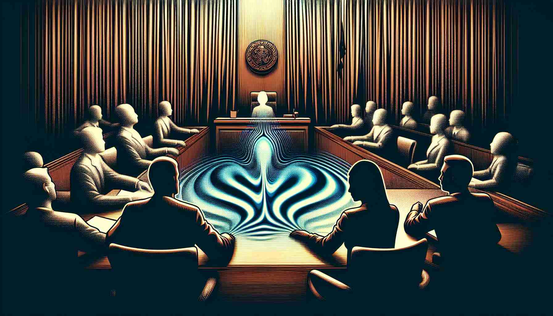 Create a realistic, high-definition illustration representing the theme of 'court battles'. This should take the form of a formal courtroom setting, perhaps with silhouettes of legal professionals engaged in a debate. To depict the 'Ripple' aspect, incorporate an abstract design of ripples spreading outwards. And for the 'XRP Status', imagine an element within the setting (perhaps mounted on a wall, or appearing as a document) being symbolized as 'XRP'. The mood of the image should match the intensity and seriousness of a legal dispute.