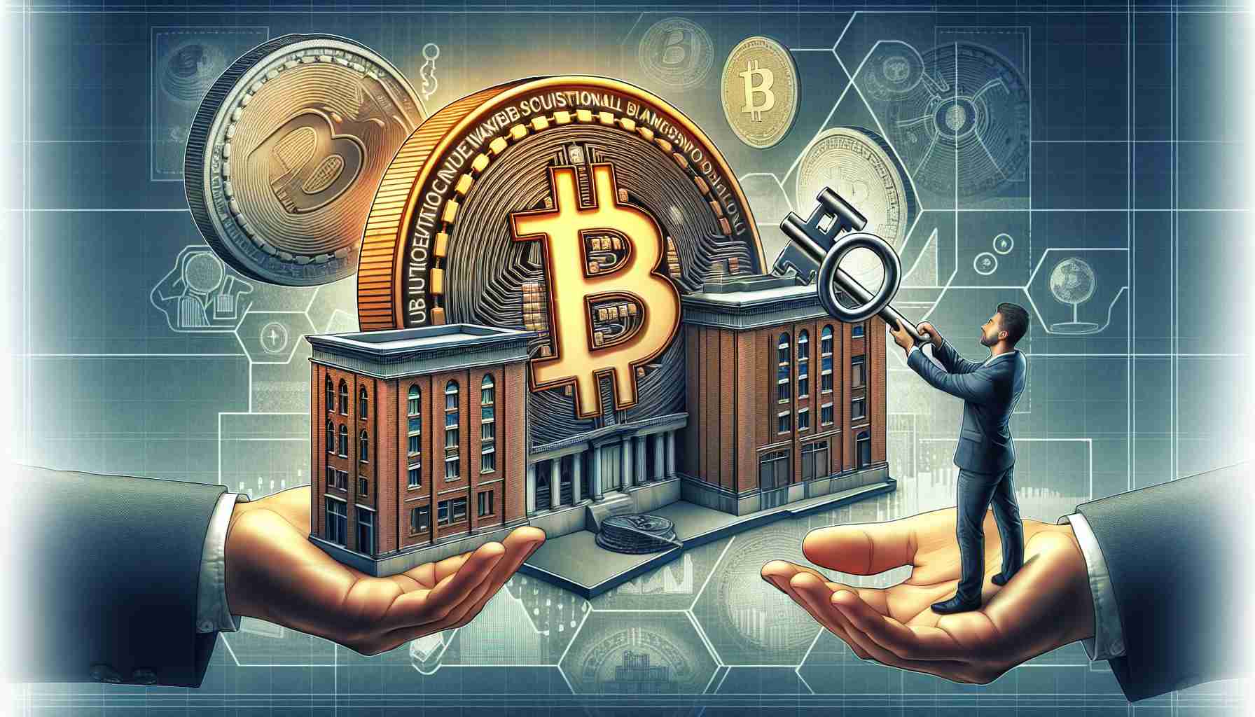 A high-definition, realistic depiction of a metaphorical shift in Bitcoin custodianship. A large, symbolic key passing from the hands of a corporate identity, represented by a corporate building bearing the emblem of a safe, to those of an individual user who is Caucasian. The user is casually dressed, signifying a personal individual. Along the backdrop, detailed graphical depiction of physical Bitcoins, and across the bottom, a banner-like text stating, 'Users Opt for Personal Storage'.