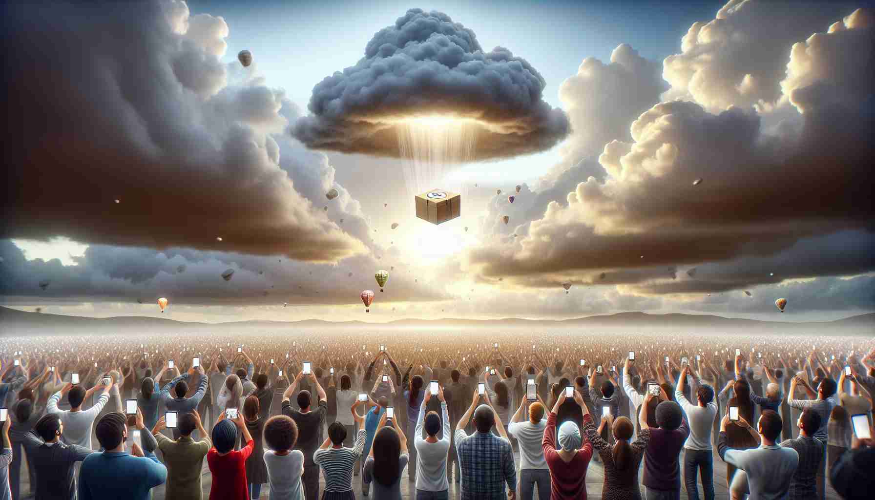 A realistic, high-definition image depicting the moment an airdrop of tokens arrives for a large, diverse community. The sky is filled with anticipation as a digital payload descends from the heavens, carrying an assortment of symbolic tokens. The community members, of various descents and genders, are holding digital devices and experiencing a range of emotions - from excitement and hope to anticipation and awe.