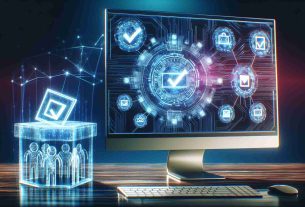 Create a realistic, high-definition image that represents the futuristic concept of voting using blockchain technology. Feature a vibrant interface showing digital tokens being securely transferred in a transparent process. The point of view should be from a computer monitor where the technology is taking place. Incorporate symbols of democracy, such as ballot boxes and check marks, innovatively integrated into the digital interface to symbolize its application in improving democratic processes.