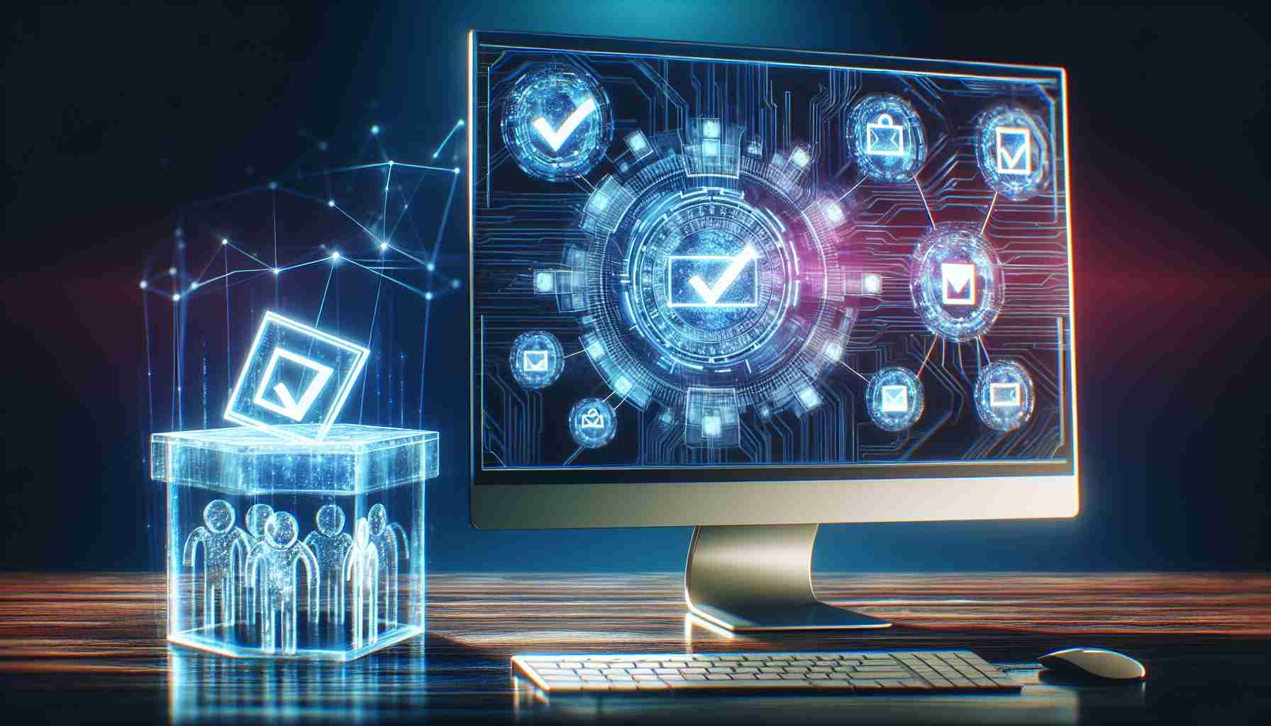 Create a realistic, high-definition image that represents the futuristic concept of voting using blockchain technology. Feature a vibrant interface showing digital tokens being securely transferred in a transparent process. The point of view should be from a computer monitor where the technology is taking place. Incorporate symbols of democracy, such as ballot boxes and check marks, innovatively integrated into the digital interface to symbolize its application in improving democratic processes.