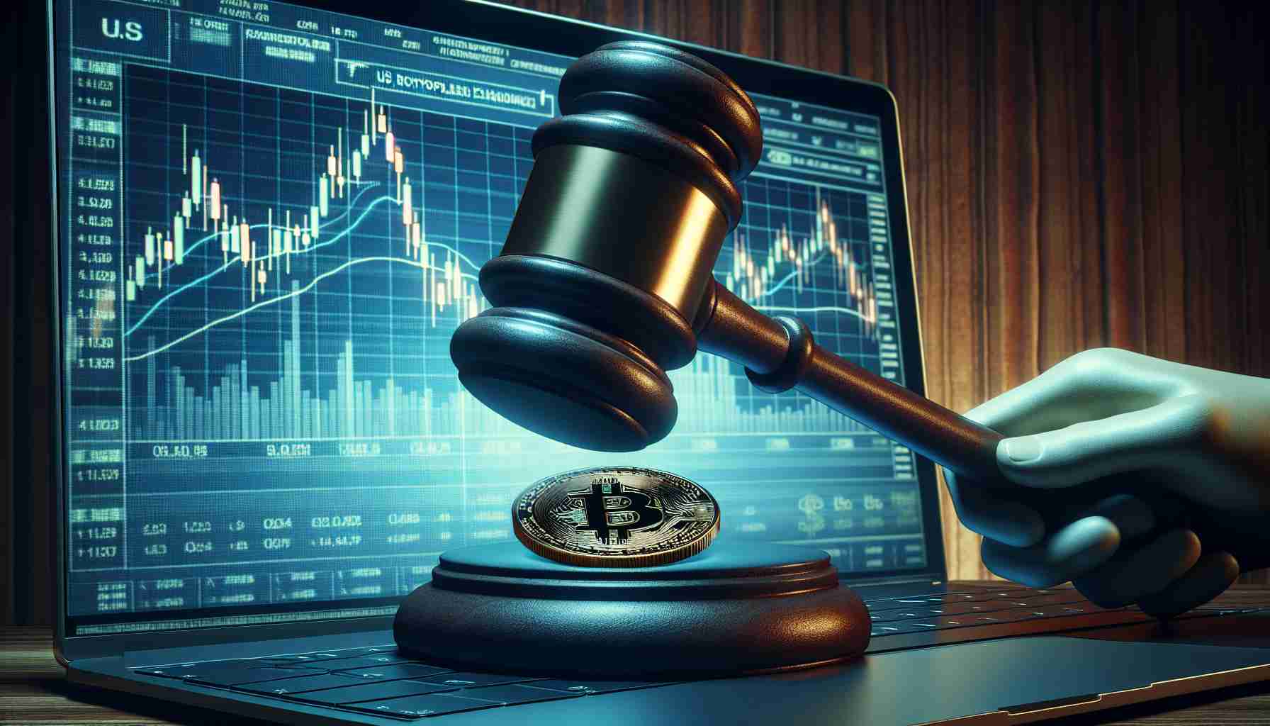 A detailed, high-definition, realistic image of a symbolic representation of the concept of regulatory crackdown on a generic US cryptocurrency exchange. Show a large gavel, indicative of regulation or authority, appearing to strike a computer screen displaying a fluctuation of cryptocurrency rates. The atmosphere should convey tension and concern about the uncertain future of the digital marketplace.