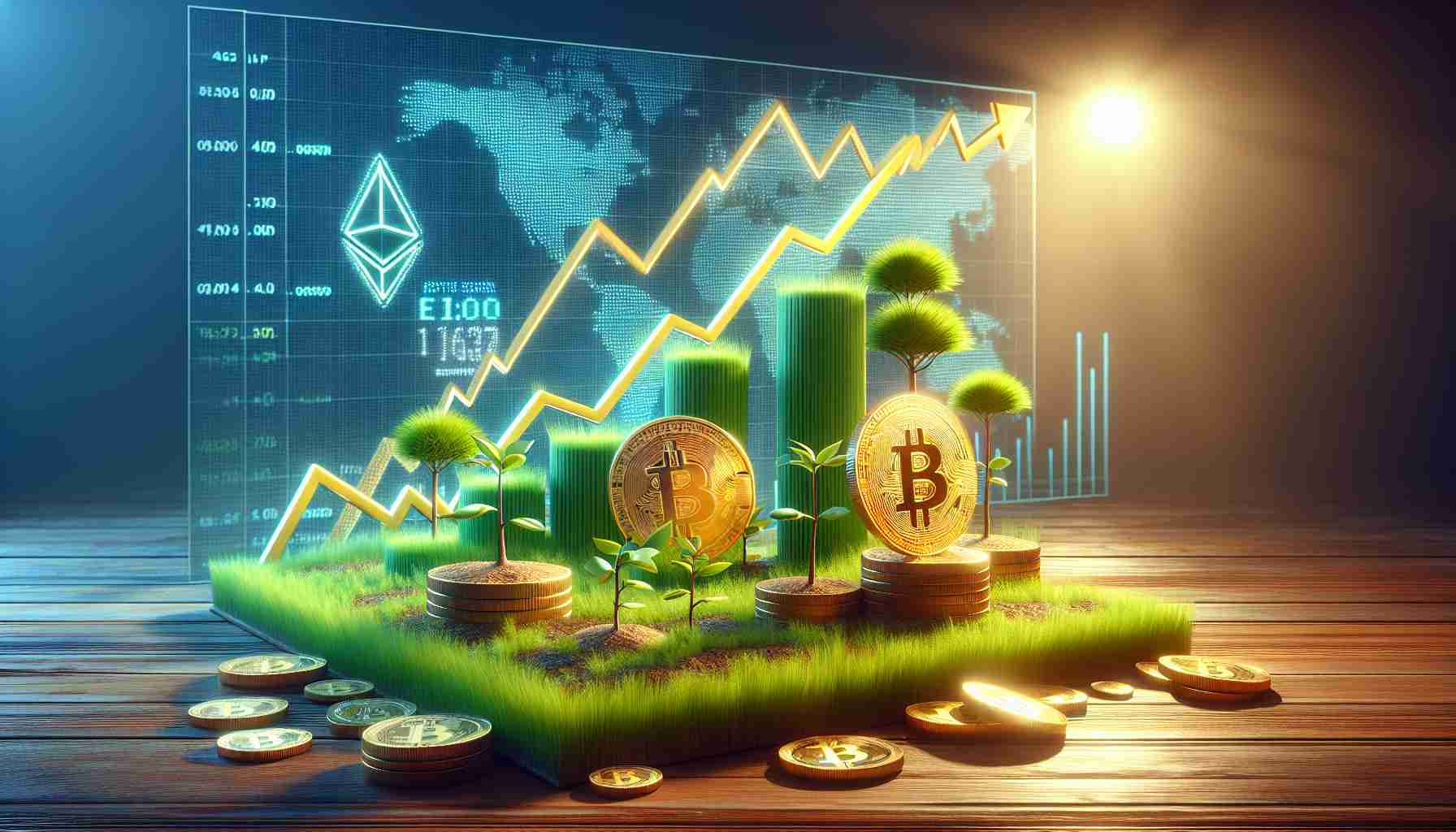 A realistic HD representation of a scene indicative of substantial growth or gains for Bitcoin and Ethereum. Bitcoin and Ethereum could be visualized as thriving plants or ascending graphs to convey this idea.