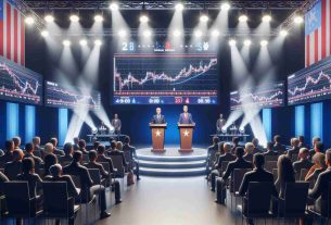 A hyper-realistic, high-definition illustration of a debate set up. The scene includes two politicians at their podiums, floodlights illuminating the stage, and a large audience in anticipation. On screens in the background are graphs and charts illustrating fluctuations in cryptocurrency markets, reflecting the market's response to their potential policy announcements. Please avoid showcasing any real persons or identifiable politicians.