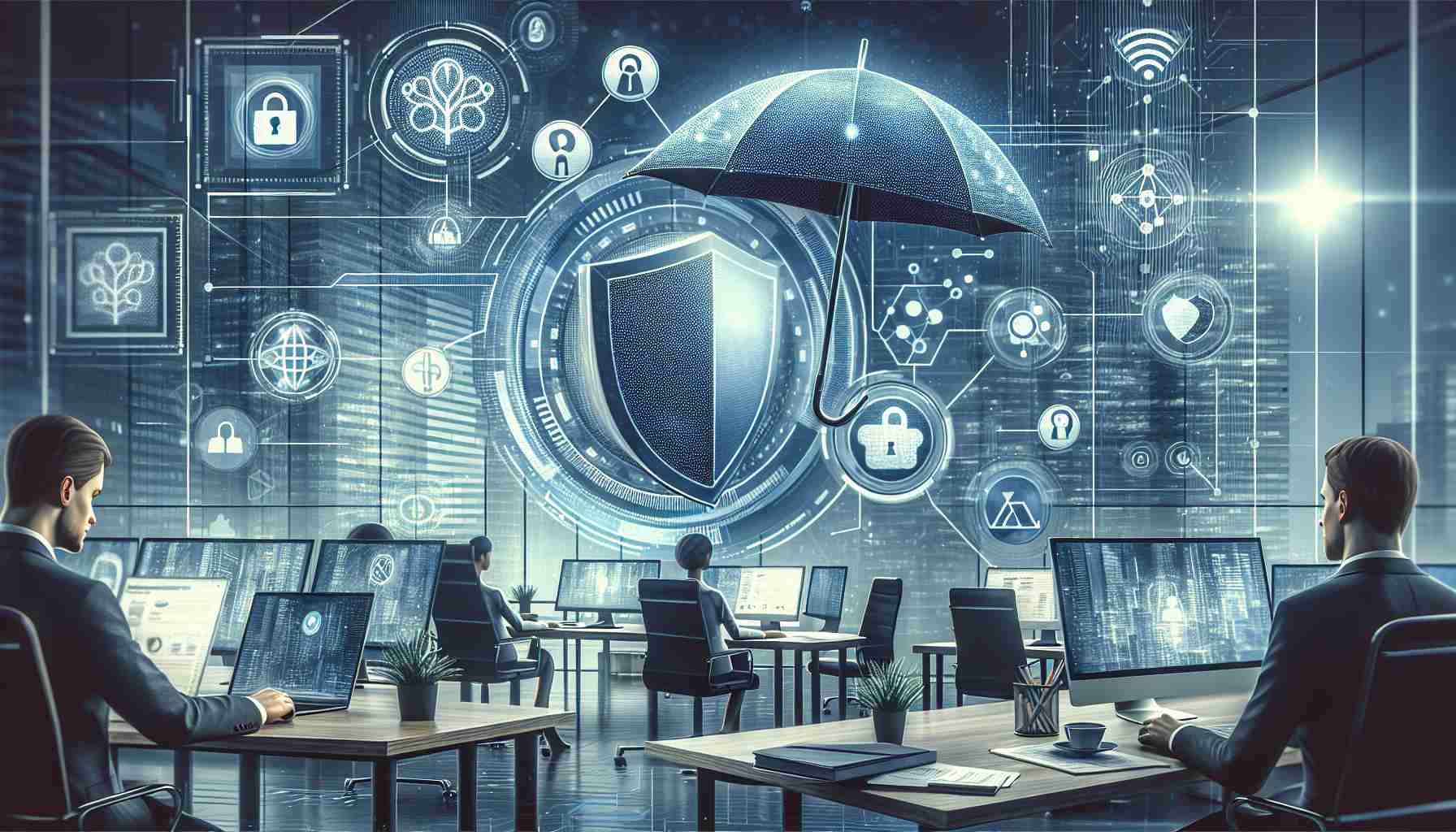 Generate a realistic HD visual representation of the concept of a company pioneering the tokenization of life insurance via blockchain technology. The design should include graphical elements to represent a life insurance policy, digital tokens, and a blockchain network. It could also consist of a modern tech company's office, a digital screen showing blockchain algorithms, and an abstract representation of life insurance like a protective umbrella or shield. The overall mood should be professional, and the color scheme should lean towards cool blues and grays, typically associated with the technology and finance sectors.