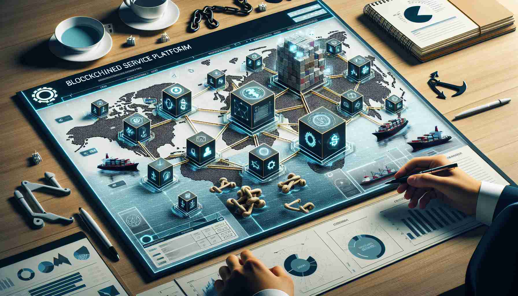 Visual representation of a Blockchain-based service platform being introduced by maritime authority of a southeastern Asian country. Picture should represent the concept of Blockchain such as connected cubes signifying data blocks and chains. Include elements of maritime such as ships, ports, buoys, anchors, and nautical maps. Combine these with digital imagery to signify the digitization and advancement in the shipping and navigation sector. Display the platform layout on a computer screen, with clear labels and user-friendly interface. Image should be ultra-high-definition and have a realistic look.