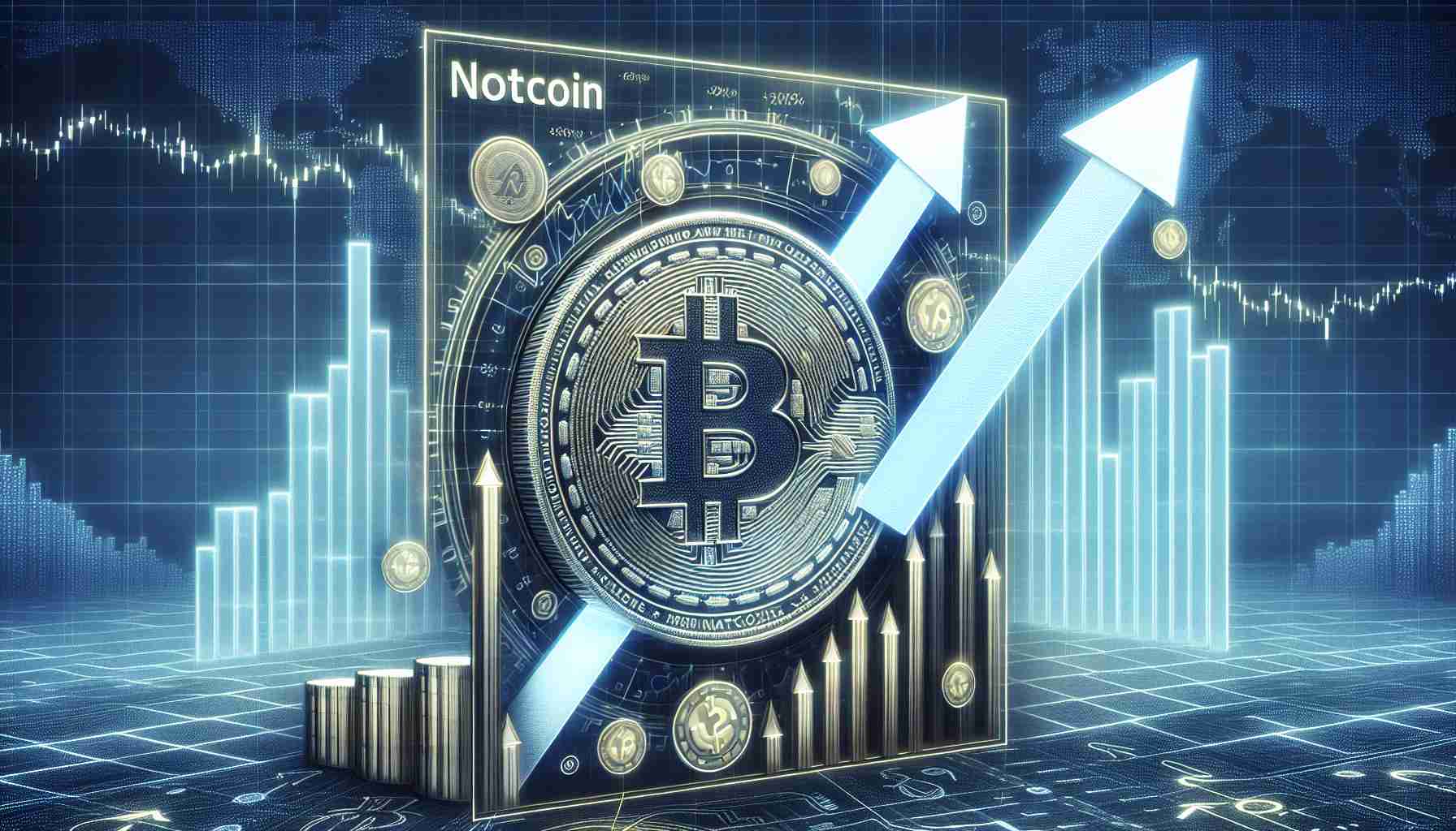 Create a high-definition, realistic image depicting the surge of a generic digital currency, labeled as 'Notcoin', amid a market recovery. The image should project optimism indicating that the 'Notcoin' is aiming for new financial heights. Create this visualization as a combined image of a digital coin with upward pointing arrows or graphs, and positive financial indices or symbols in the background.