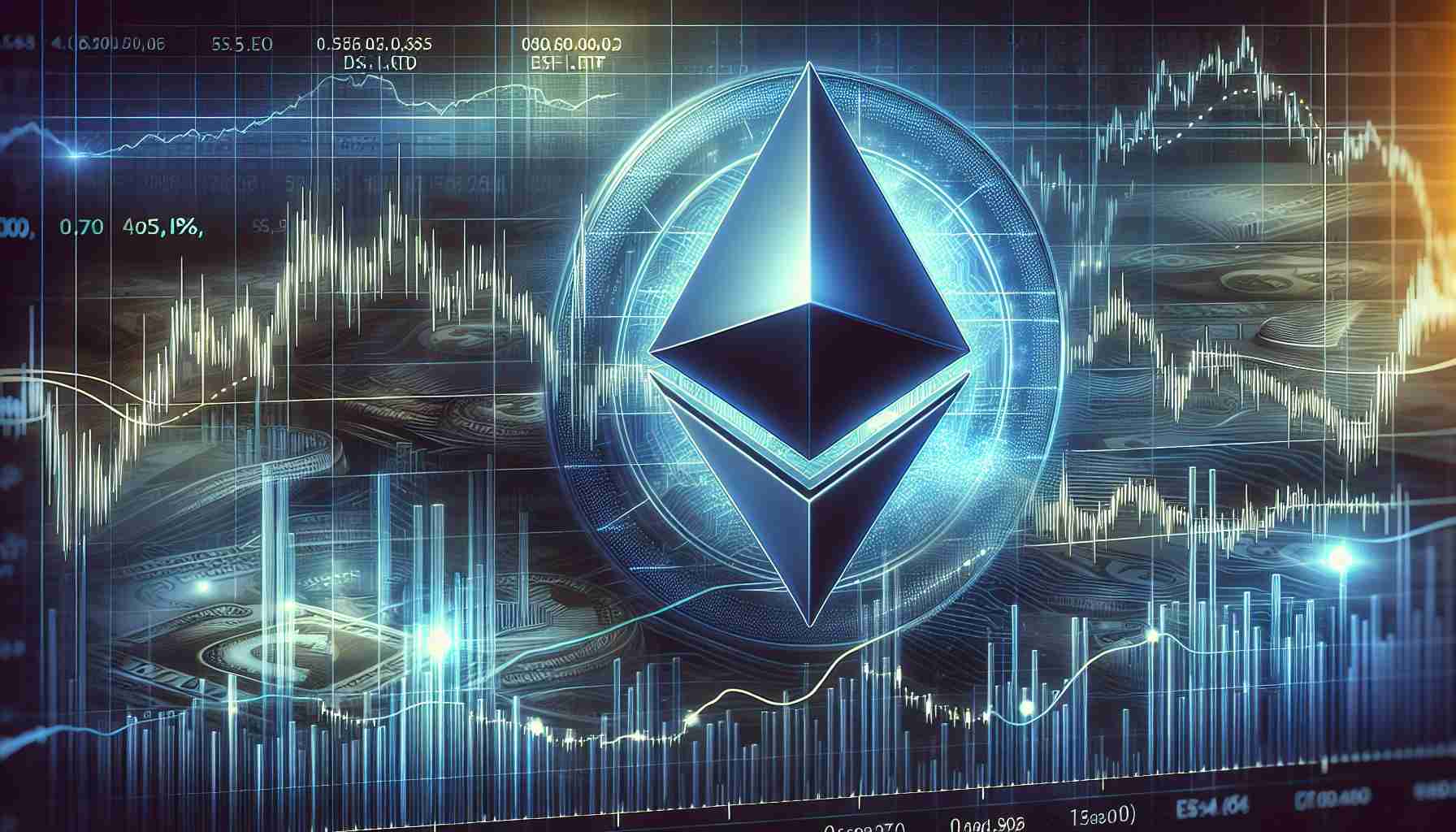 A high-resolution, realistic illustration showing the concept of a potential downtrend in the price of Ethereum. This is conceptualized as a graph showing a price dip following the introduction of an ETF. The graph is set against a financial or stock market setting, featuring data points, lines, and numbers symbolizing the complex world of digital currency trading.