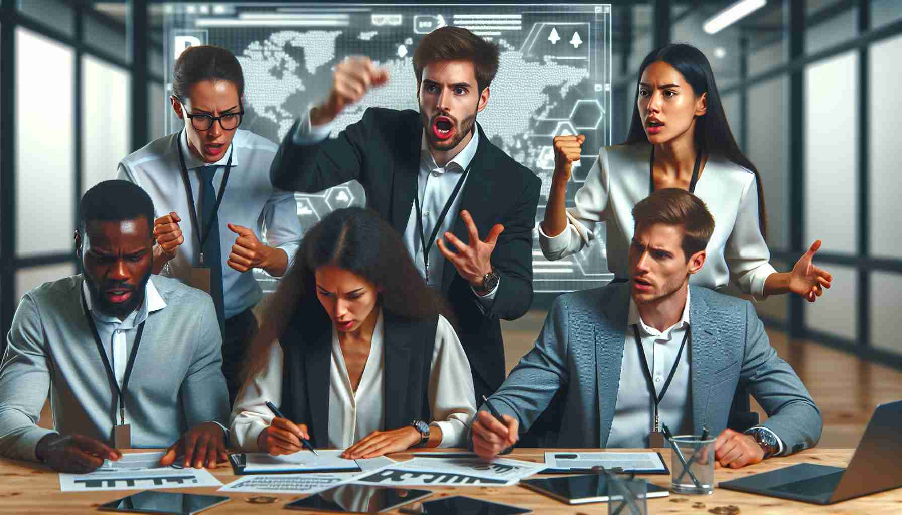 Realistic HD photo of a group of experts busy working on blockchain technology at a sophisticated tech startup. They're passionately advocating for U.S. leadership in the blockchain industry, amid the potential regulatory challenges they face. The people are of diverse descents such as Hispanic, Caucasian, Black, South Asian, and Middle-Eastern, thereby representing international participation in this groundbreaking technology.