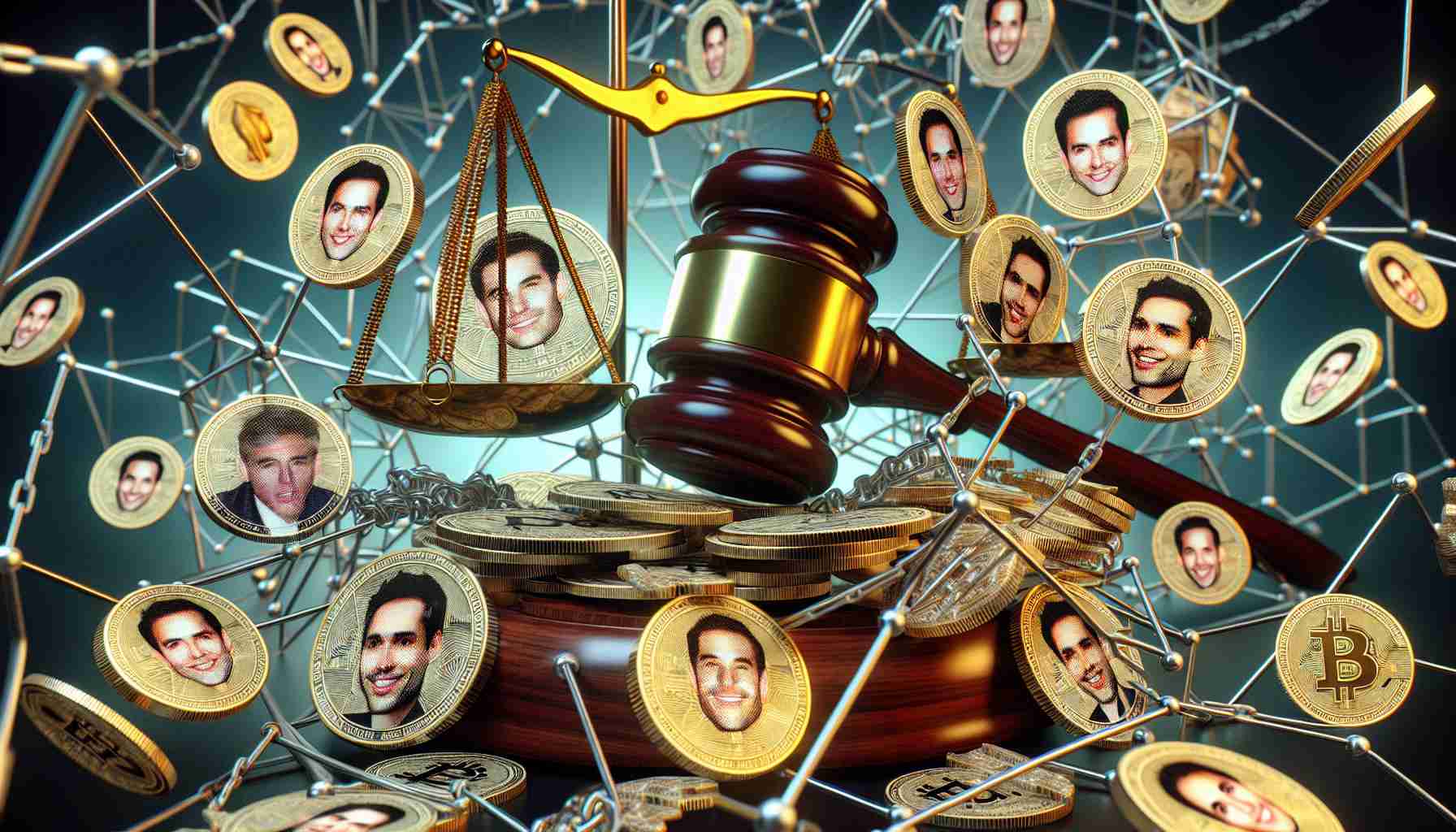 A high-definition, realistic image visualizing the emerging legal challenges involved in the trend of celebrity-inspired meme cryptocurrencies. The image should prominently feature symbols of law, such as a gavel and balance scales, entangled in a network of blockchains. Also included are representations of generic meme coins, adorned with caricatured, unidentified faces rather than specific celebrities, indicating the celebrity influence over these digital currencies. The overall tone of the image should portray a chaotic and confusing state of affairs.